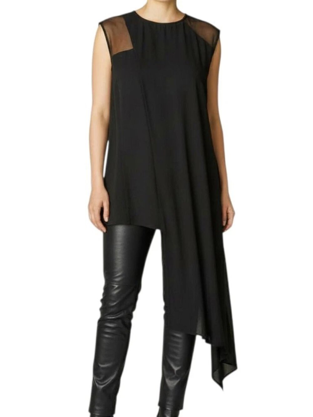 Black Asymmetric Tunic Top Sheer Mesh Yoke Sleeveless NWT Size S